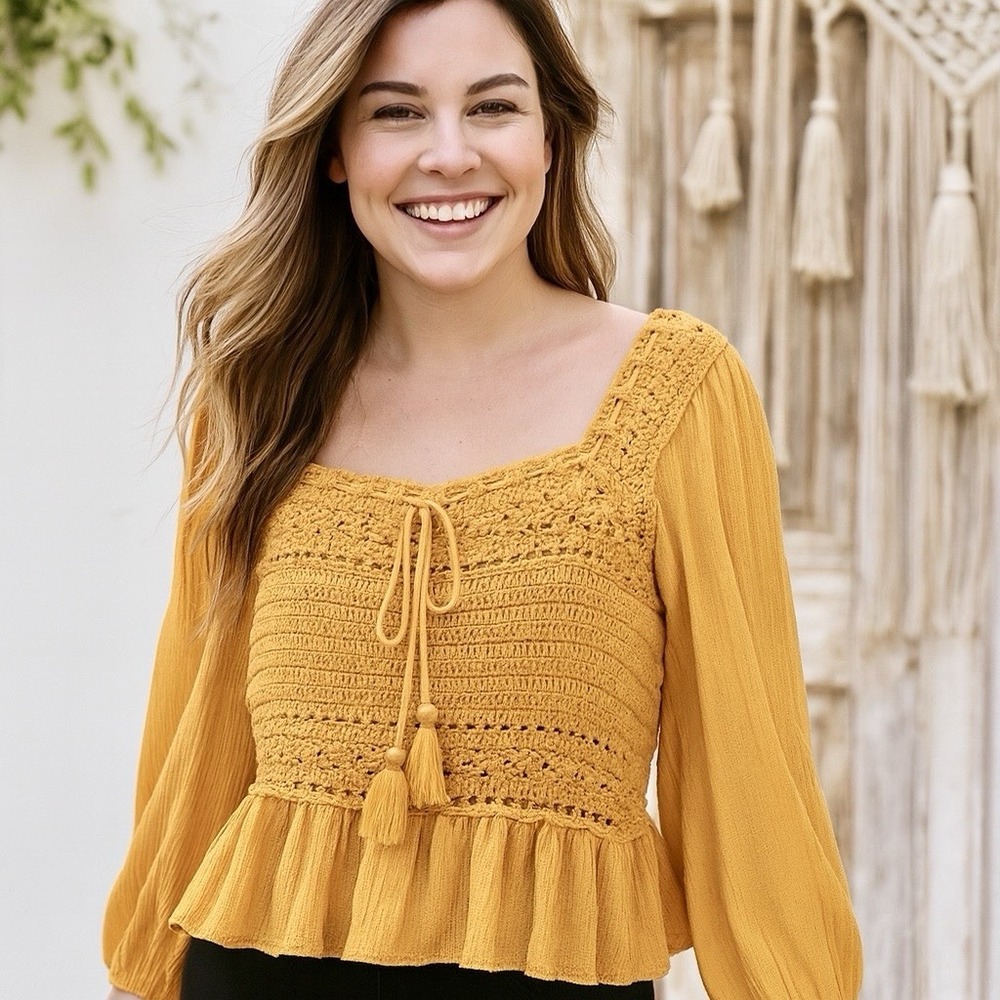 American Eagle Outfitters Mustard Baby Doll Crochet Crop Top Sz M Cottagecore